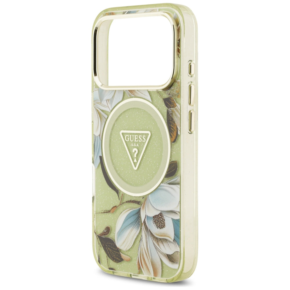 MagSafe puzdro pre Apple iPhone 18 Pro / 17 Pro, Guess, IML Metal Glitter Flowers Triangle, Zelené