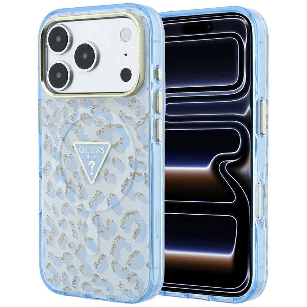 MagSafe puzdro pre Apple iPhone 18 Pro / 17 Pro, Guess, Leopard Glitter Triangle Logo, Modrá