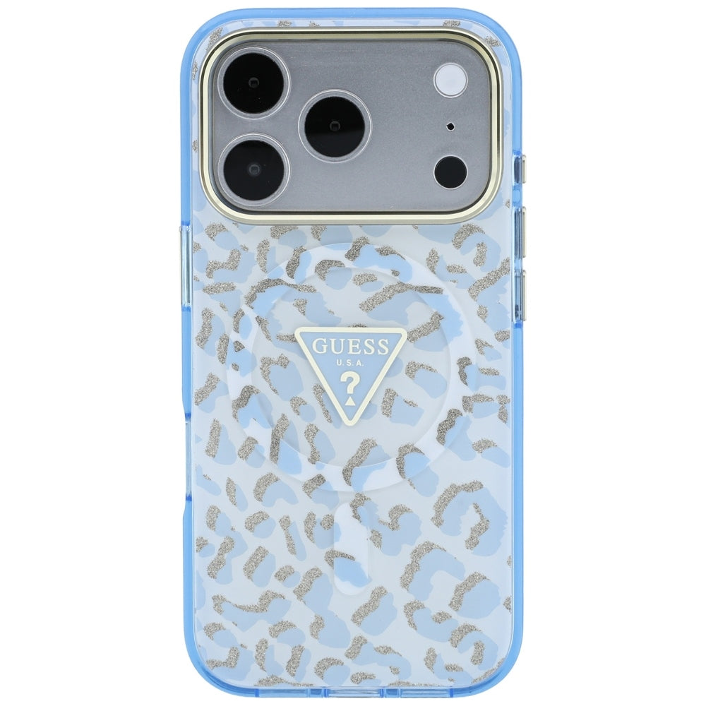 MagSafe puzdro pre Apple iPhone 18 Pro / 17 Pro, Guess, Leopard Glitter Triangle Logo, Modrá