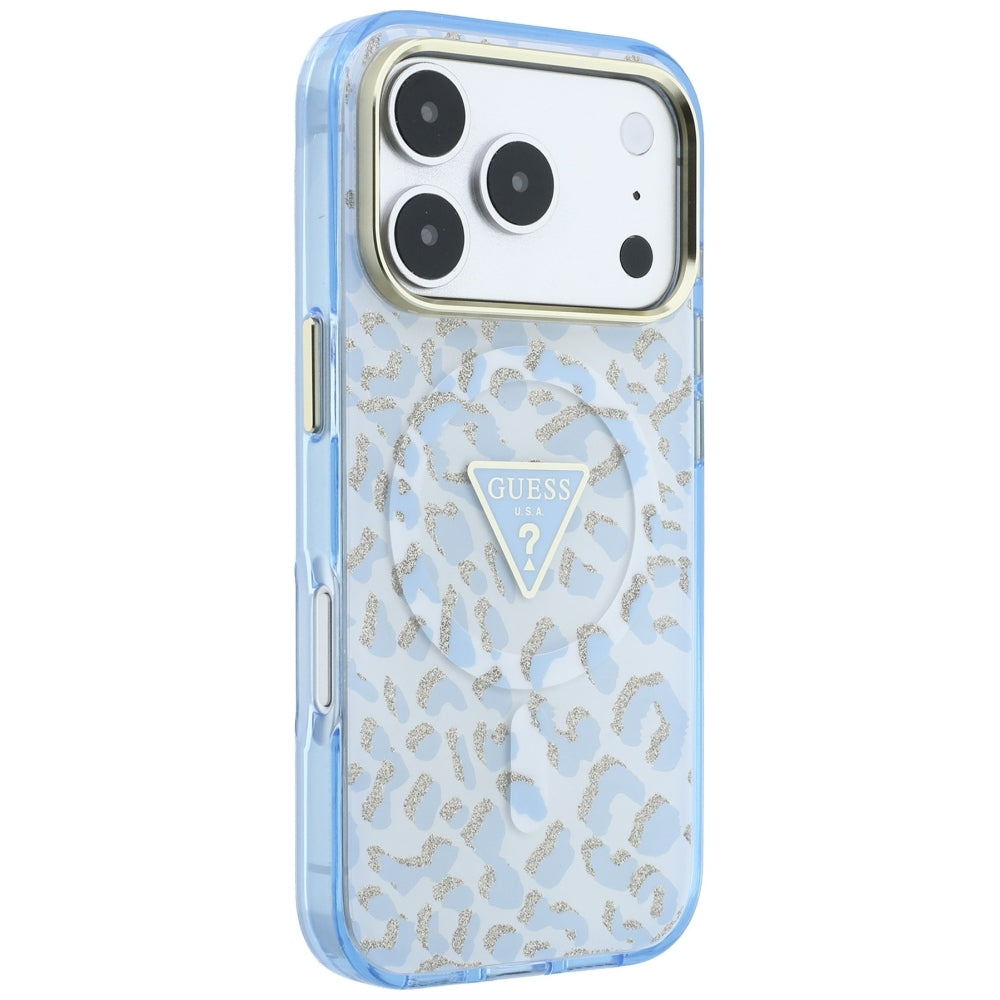 MagSafe puzdro pre Apple iPhone 18 Pro / 17 Pro, Guess, Leopard Glitter Triangle Logo, Modrá