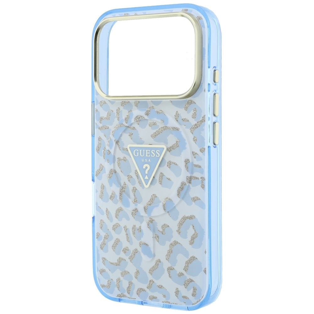 MagSafe puzdro pre Apple iPhone 18 Pro / 17 Pro, Guess, Leopard Glitter Triangle Logo, Modrá