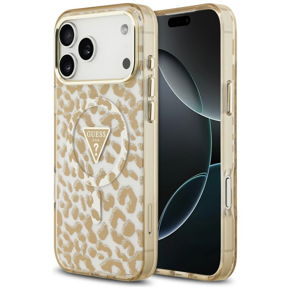 MagSafe puzdro pre Apple iPhone 18 Pro / 17 Pro, Guess, Leopard Glitter Triangle Logo, Hnedé