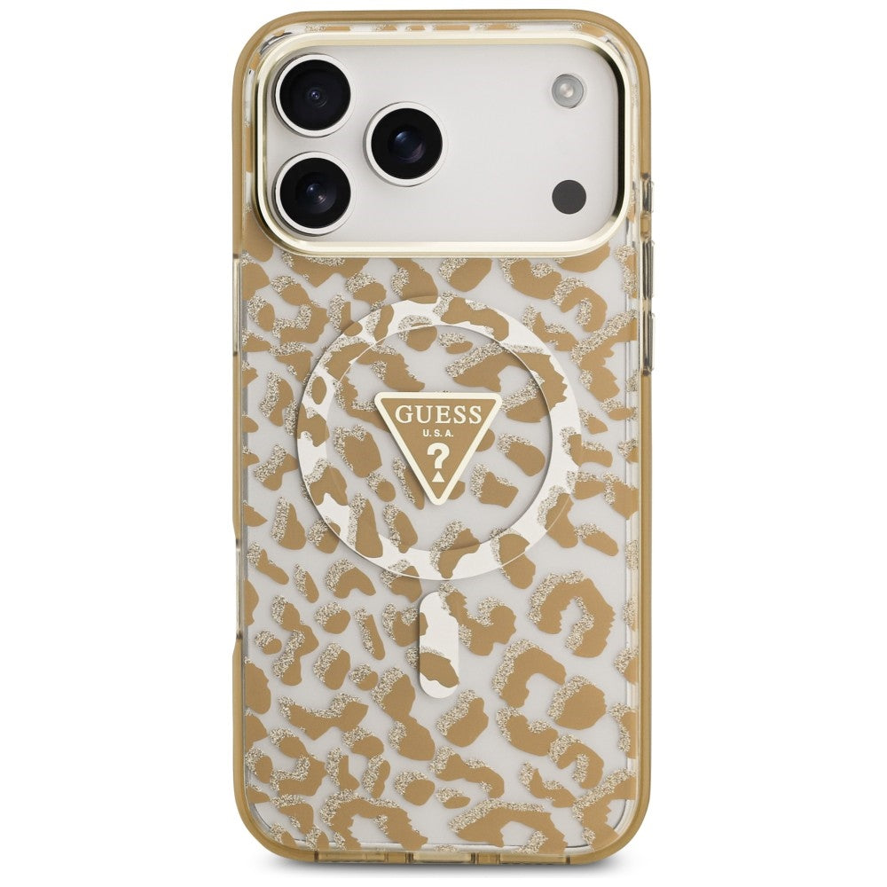 MagSafe puzdro pre Apple iPhone 18 Pro / 17 Pro, Guess, Leopard Glitter Triangle Logo, Hnedé