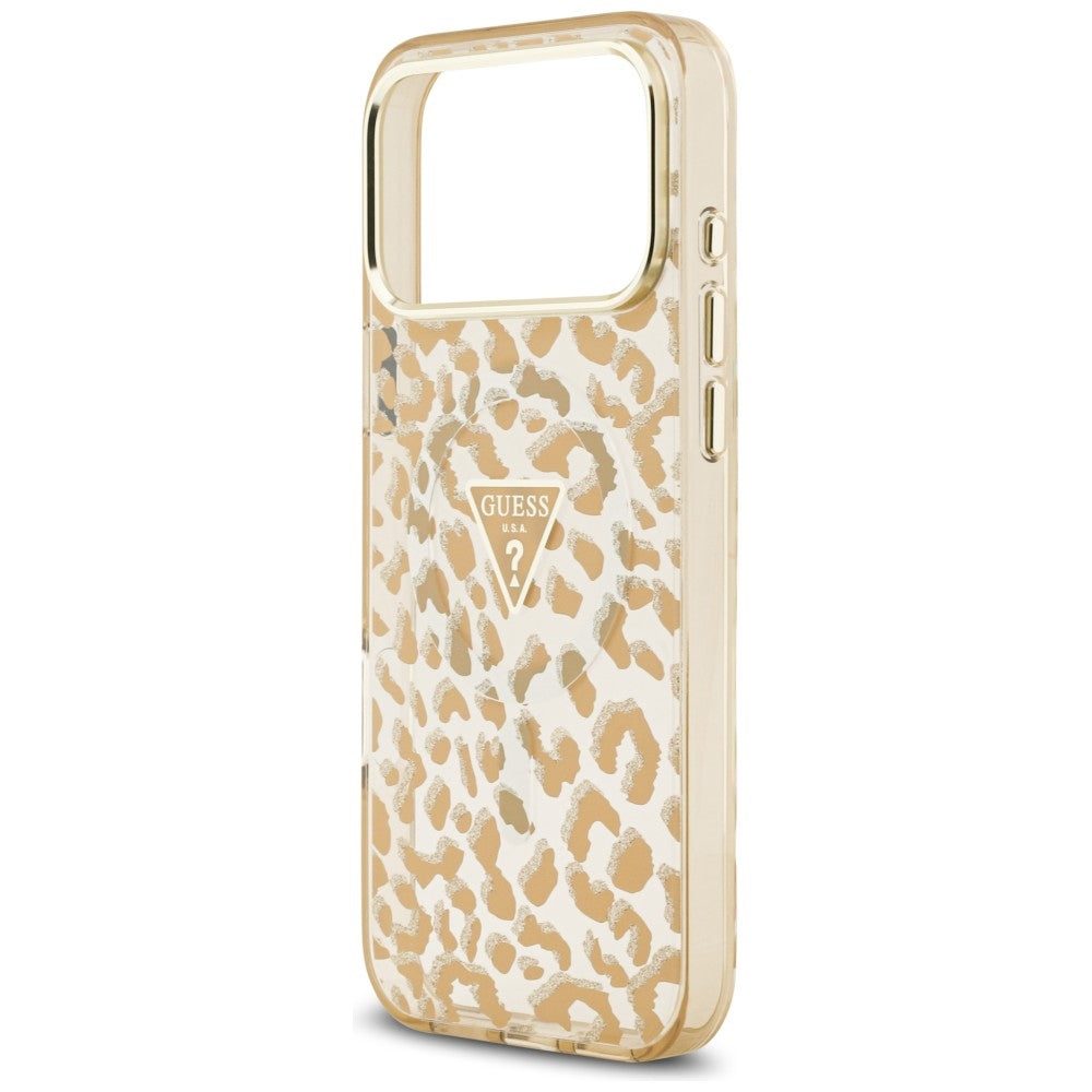 MagSafe puzdro pre Apple iPhone 18 Pro / 17 Pro, Guess, Leopard Glitter Triangle Logo, Hnedé
