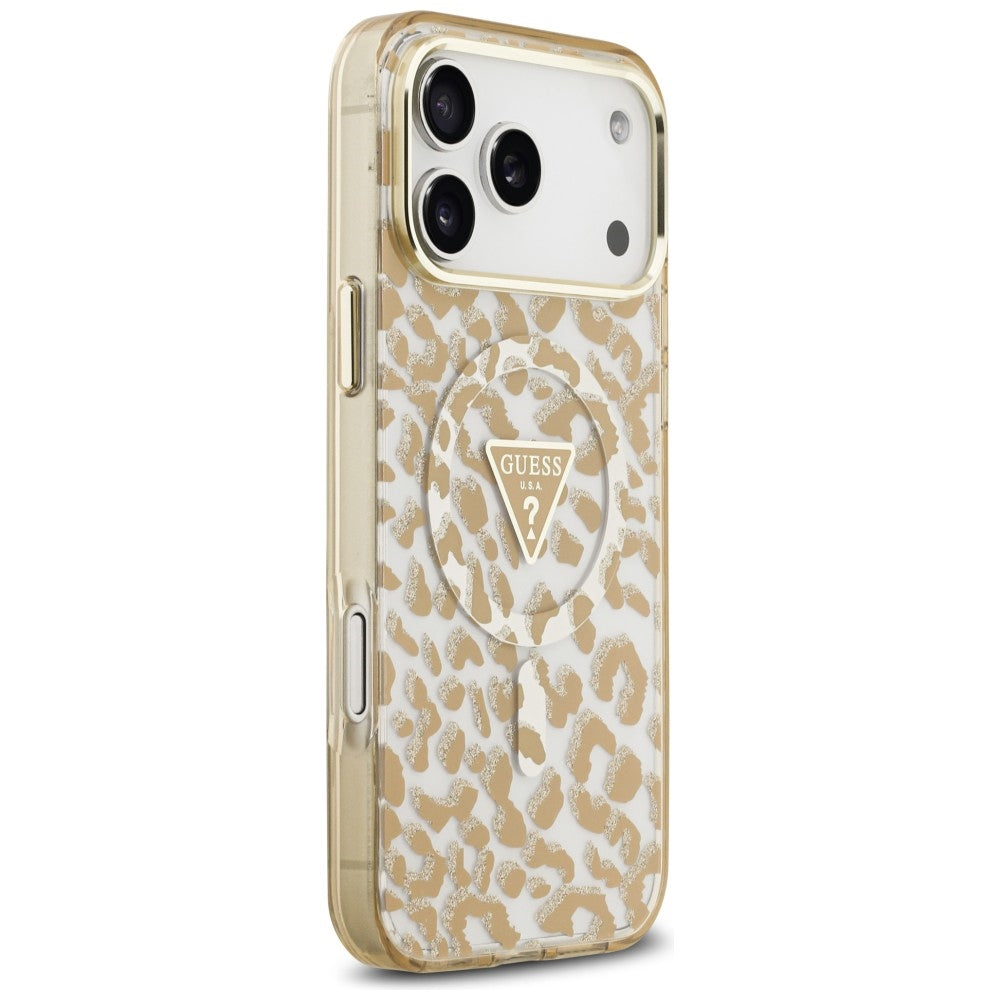MagSafe puzdro pre Apple iPhone 18 Pro / 17 Pro, Guess, Leopard Glitter Triangle Logo, Hnedé