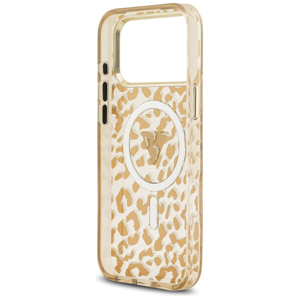 MagSafe puzdro pre Apple iPhone 18 Pro / 17 Pro, Guess, Leopard Glitter Triangle Logo, Hnedé