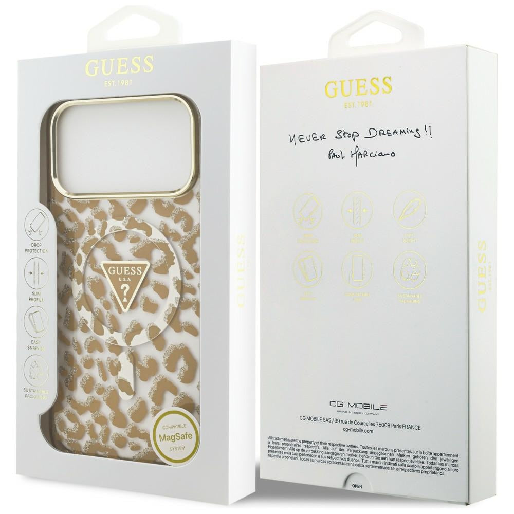 MagSafe puzdro pre Apple iPhone 18 Pro / 17 Pro, Guess, Leopard Glitter Triangle Logo, Hnedé