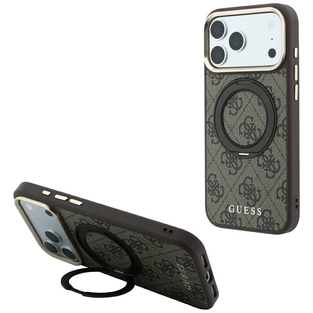 MagSafe puzdro pre Apple iPhone 18 Pro / 17 Pro, Guess, Ring Stand 360 4G Classic Logo, Hnedé