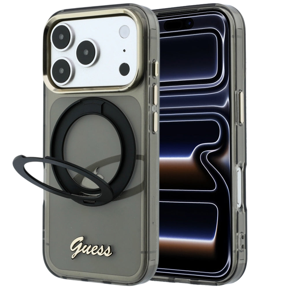 MagSafe puzdro pre Apple iPhone 18 Pro / 17 Pro, Guess, Ring Stand Script Metal Logo, Čierne