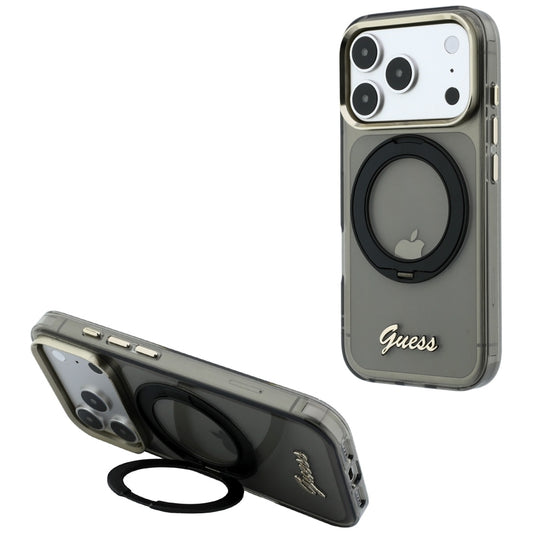 MagSafe puzdro pre Apple iPhone 18 Pro / 17 Pro, Guess, Ring Stand Script Metal Logo, Čierne