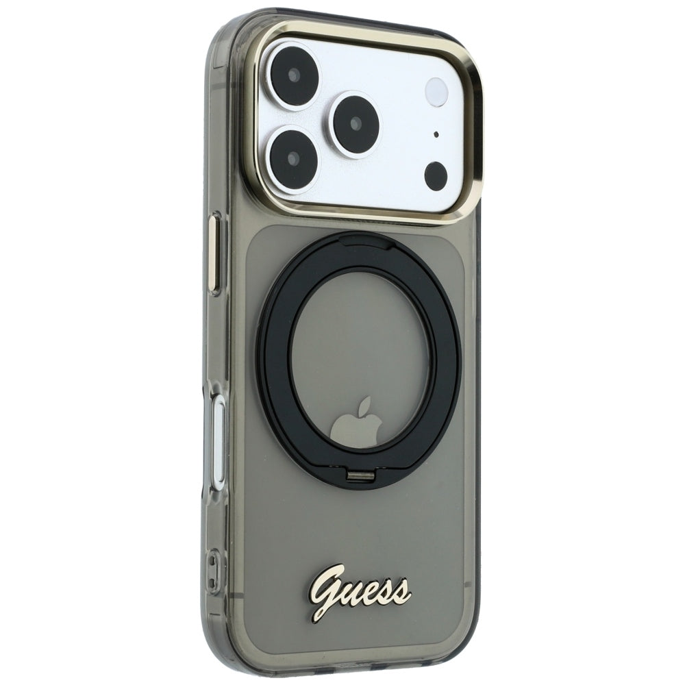 MagSafe puzdro pre Apple iPhone 18 Pro / 17 Pro, Guess, Ring Stand Script Metal Logo, Čierne