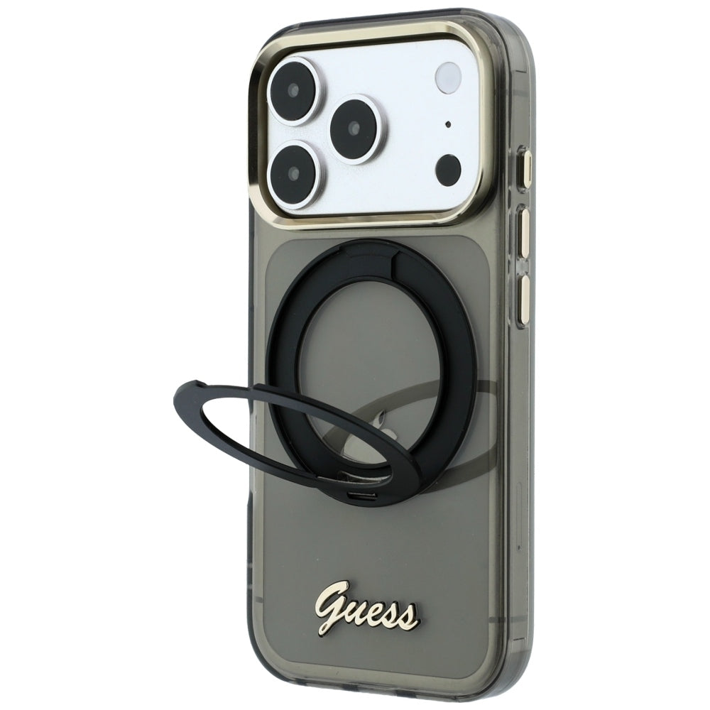 MagSafe puzdro pre Apple iPhone 18 Pro / 17 Pro, Guess, Ring Stand Script Metal Logo, Čierne