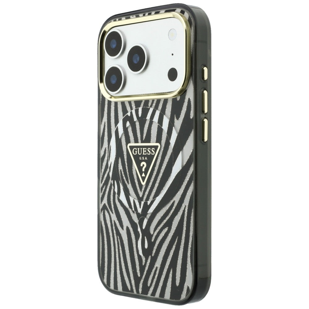 MagSafe puzdro pre Apple iPhone 18 Pro / 17 Pro, Guess, Zebra Glitter Triangle Logo, Strieborné