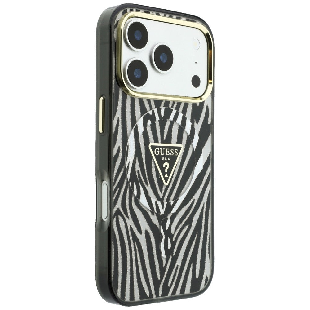 MagSafe puzdro pre Apple iPhone 18 Pro / 17 Pro, Guess, Zebra Glitter Triangle Logo, Strieborné