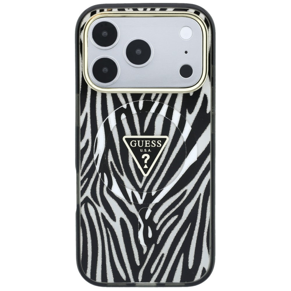 MagSafe puzdro pre Apple iPhone 18 Pro / 17 Pro, Guess, Zebra Glitter Triangle Logo, Strieborné