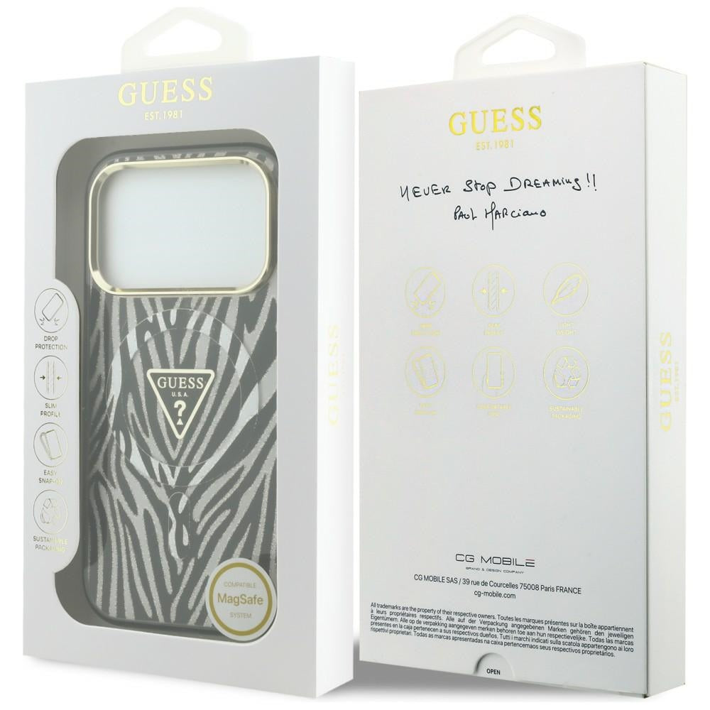 MagSafe puzdro pre Apple iPhone 18 Pro / 17 Pro, Guess, Zebra Glitter Triangle Logo, Strieborné