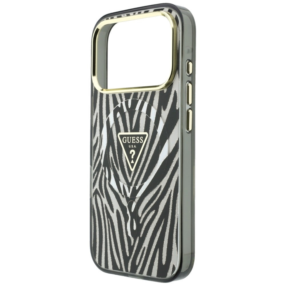MagSafe puzdro pre Apple iPhone 18 Pro / 17 Pro, Guess, Zebra Glitter Triangle Logo, Strieborné