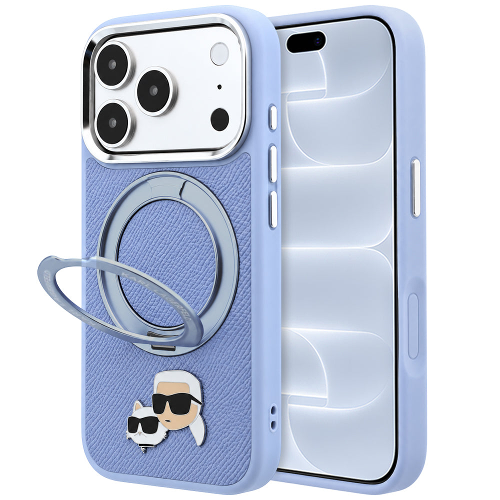 MagSafe puzdro pre Apple iPhone 18 Pro / 17 Pro, Karl Lagerfeld, stojanový krúžok 360 Karl & Choupette pripínač, modré