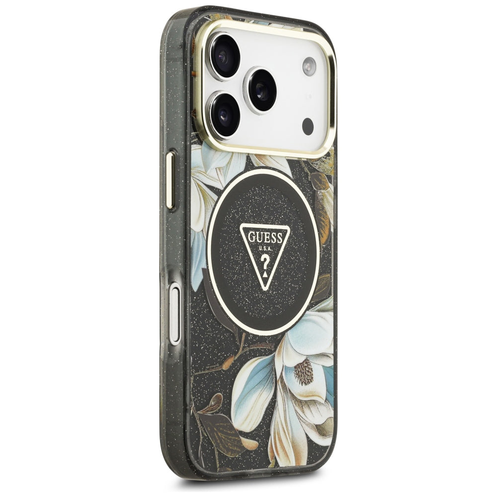 MagSafe puzdro pre Apple iPhone 18 Pro, Guess, IML Metal Glitter Flowers Triangle, čierne
