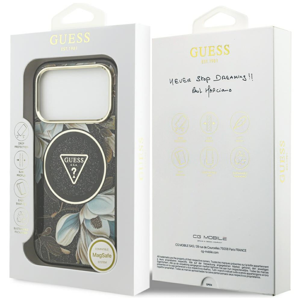 MagSafe puzdro pre Apple iPhone 18 Pro, Guess, IML Metal Glitter Flowers Triangle, čierne