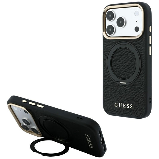 Puzdro MagSafe pre Apple iPhone 18 Pro Max / 17 Pro Max, Guess Grained Ring Stand 360 Classic, čierne