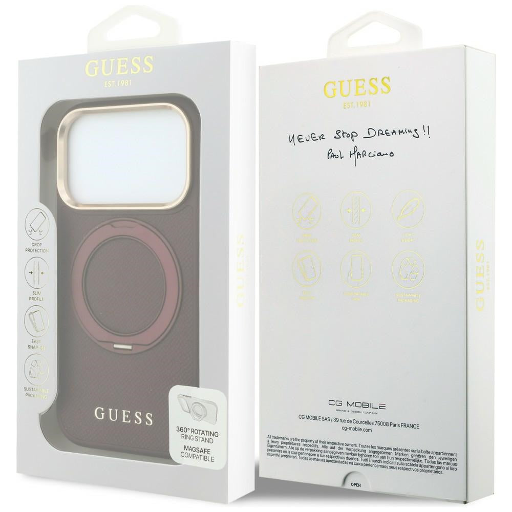 MagSafe puzdro pre Apple iPhone 18 Pro Max / 17 Pro Max, Guess, Grained Ring Stand 360 Classic, vínové