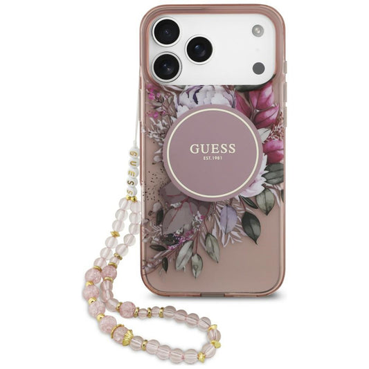MagSafe Case for Apple iPhone 18 Pro Max / 17 Pro Max, Guess, IML Flowers with Pearl Strap, Pink