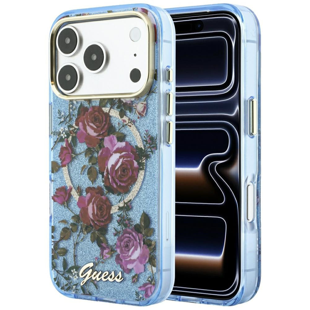 MagSafe puzdro pre Apple iPhone 18 Pro Max / 17 Pro Max, Guess, IML Glitter Blossom Roses, Bleu