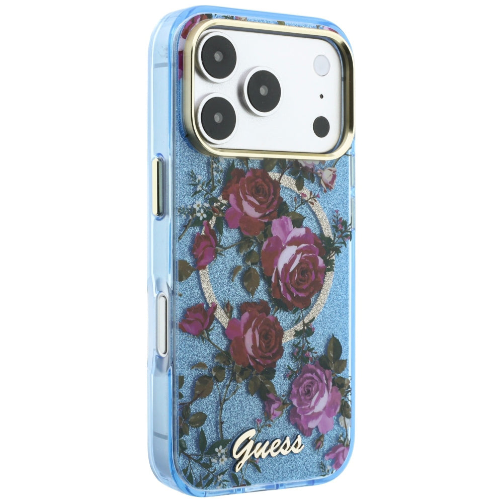 MagSafe puzdro pre Apple iPhone 18 Pro Max / 17 Pro Max, Guess, IML Glitter Blossom Roses, Bleu