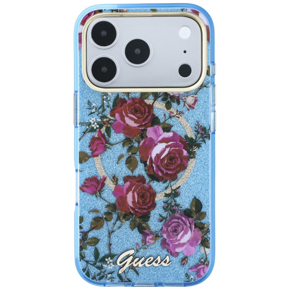MagSafe puzdro pre Apple iPhone 18 Pro Max / 17 Pro Max, Guess, IML Glitter Blossom Roses, Bleu