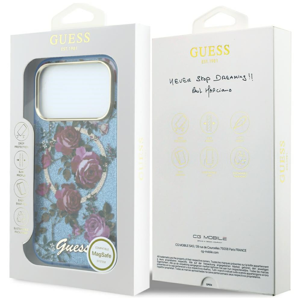 MagSafe puzdro pre Apple iPhone 18 Pro Max / 17 Pro Max, Guess, IML Glitter Blossom Roses, Bleu