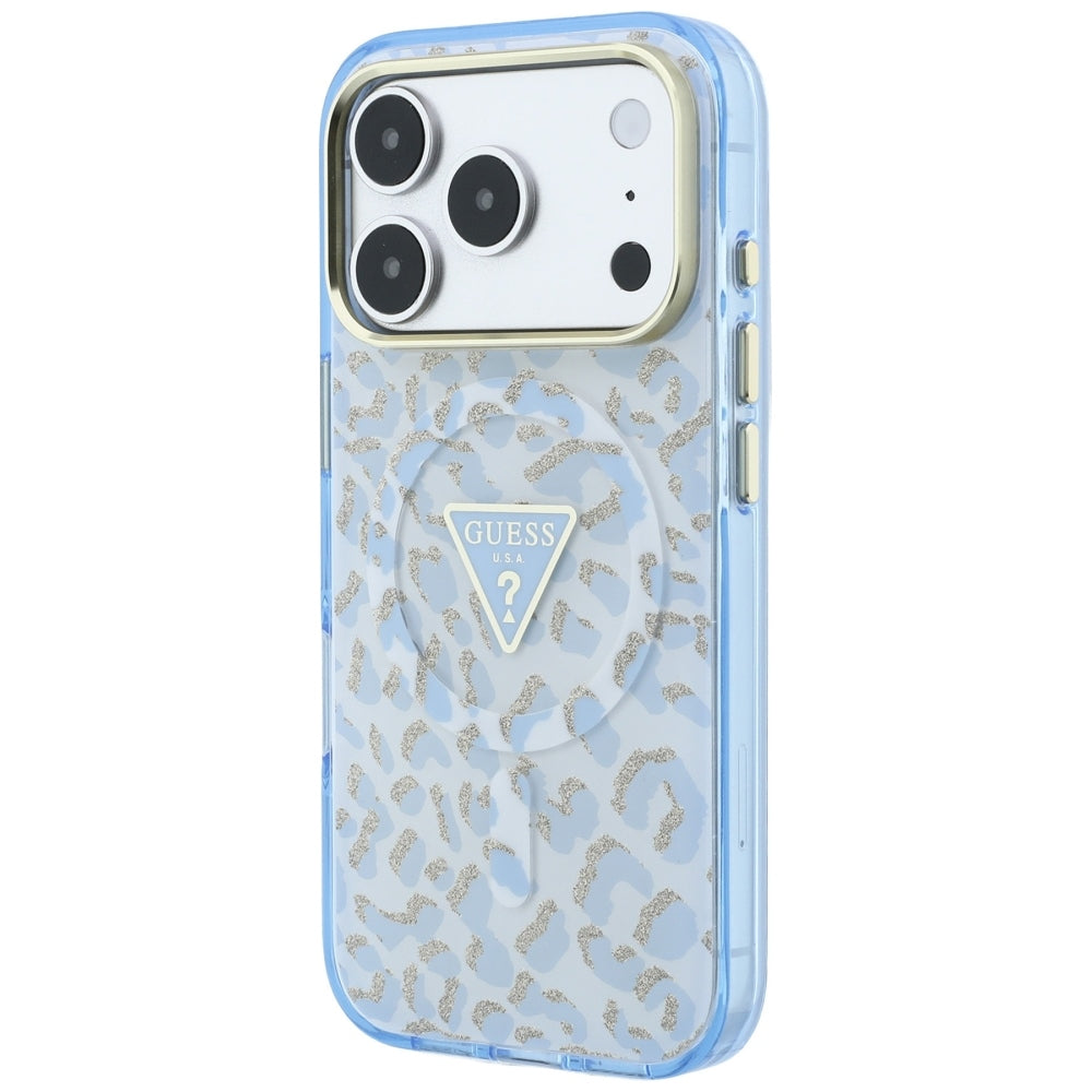 MagSafe puzdro pre Apple iPhone 18 Pro Max / 17 Pro Max, Guess, Leopard Glitter Triangle Logo, Modrá