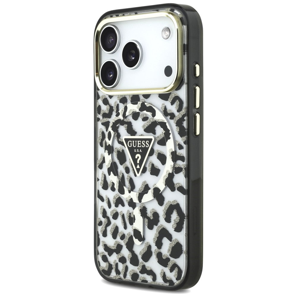 MagSafe puzdro pre Apple iPhone 18 Pro Max / 17 Pro Max, Guess, Leopard Glitter Triangle Logo, Čierne
