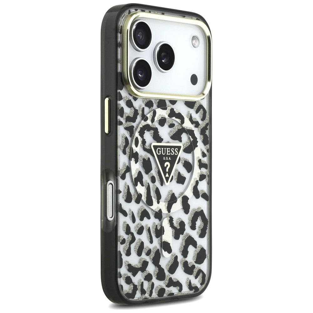 MagSafe puzdro pre Apple iPhone 18 Pro Max / 17 Pro Max, Guess, Leopard Glitter Triangle Logo, Čierne