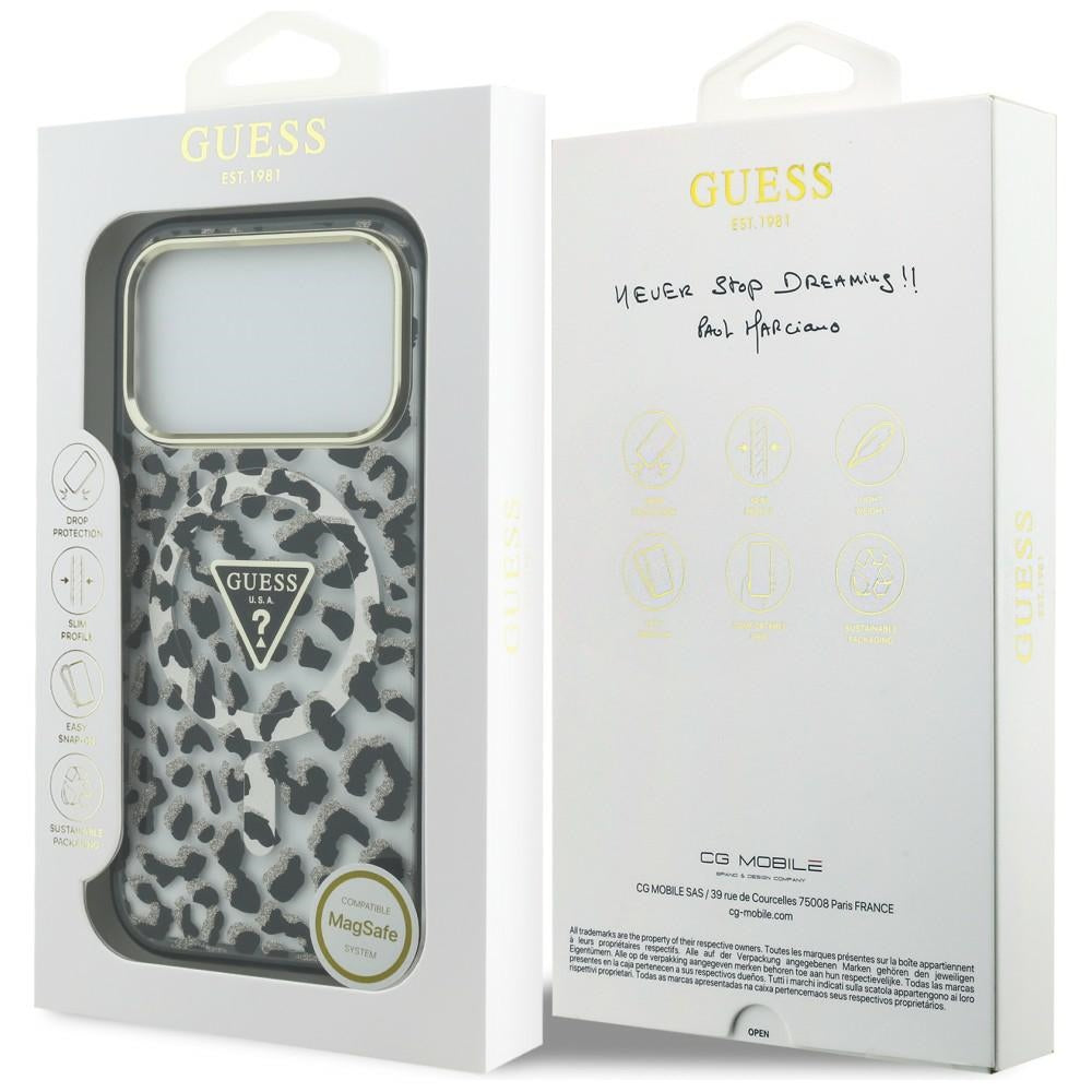 MagSafe puzdro pre Apple iPhone 18 Pro Max / 17 Pro Max, Guess, Leopard Glitter Triangle Logo, Čierne