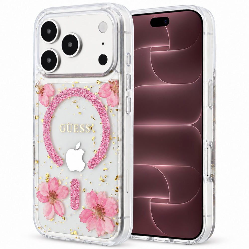 Puzdro MagSafe pre Apple iPhone 18 Pro Max / 17 Pro Max, Guess, Resin Flowers and Glitter, ružové
