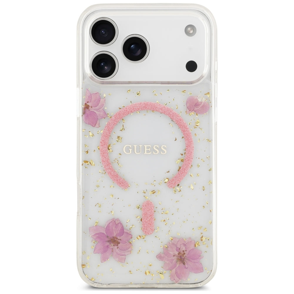 Puzdro MagSafe pre Apple iPhone 18 Pro Max / 17 Pro Max, Guess, Resin Flowers and Glitter, ružové