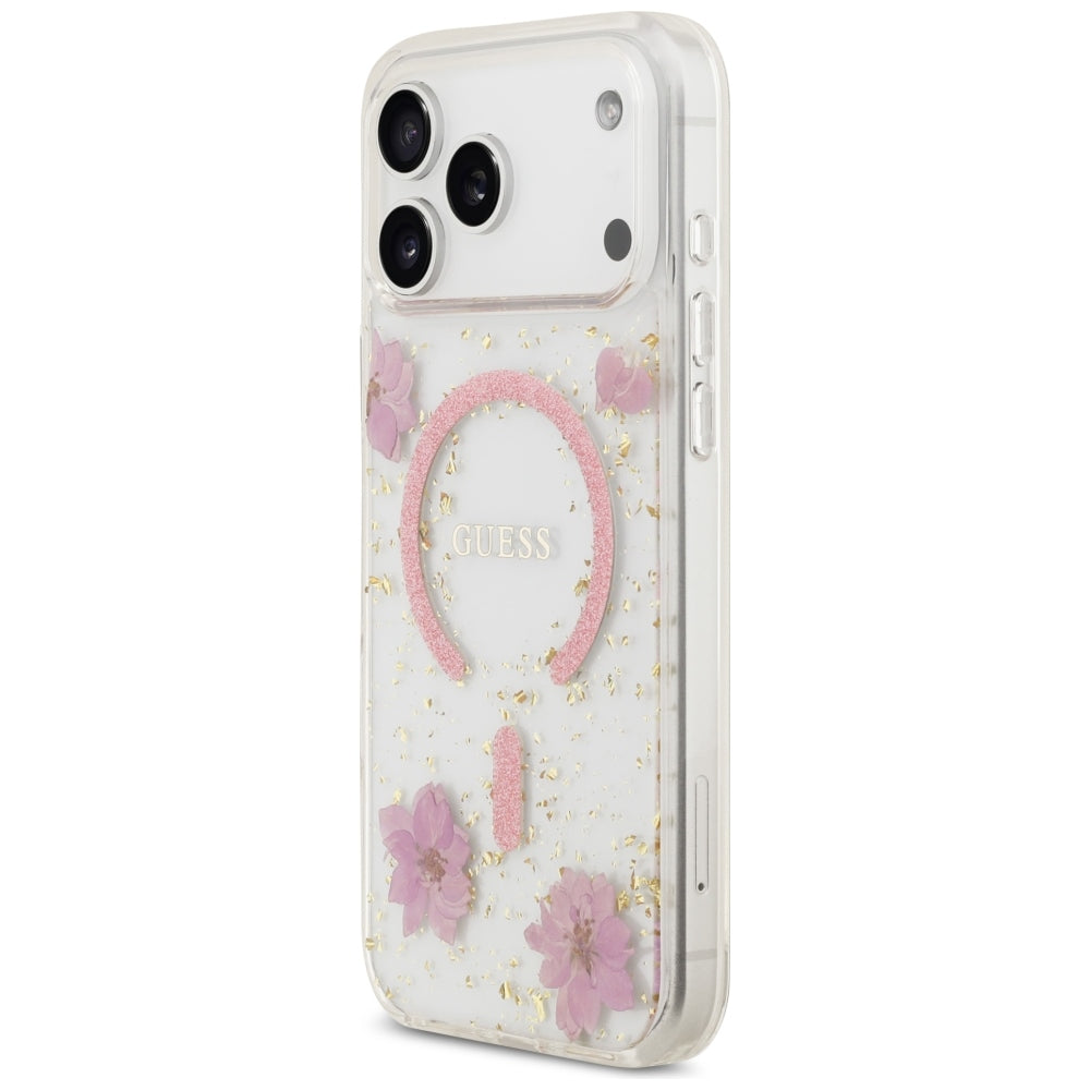 Puzdro MagSafe pre Apple iPhone 18 Pro Max / 17 Pro Max, Guess, Resin Flowers and Glitter, ružové