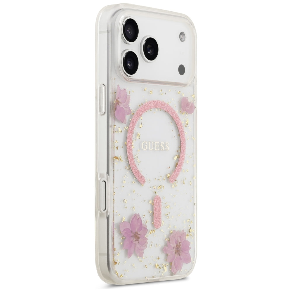 Puzdro MagSafe pre Apple iPhone 18 Pro Max / 17 Pro Max, Guess, Resin Flowers and Glitter, ružové