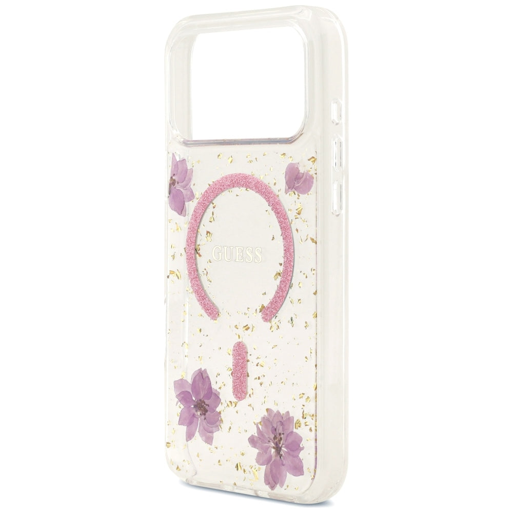Puzdro MagSafe pre Apple iPhone 18 Pro Max / 17 Pro Max, Guess, Resin Flowers and Glitter, ružové