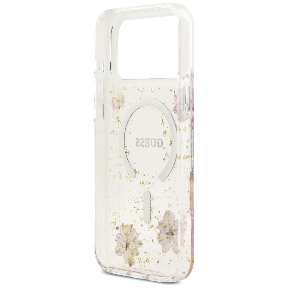 Puzdro MagSafe pre Apple iPhone 18 Pro Max / 17 Pro Max, Guess, Resin Flowers and Glitter, ružové