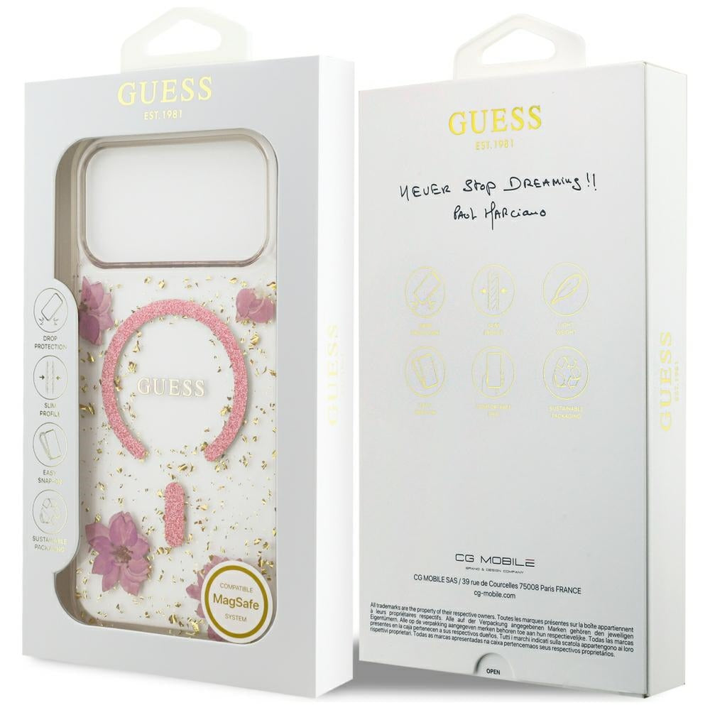 Puzdro MagSafe pre Apple iPhone 18 Pro Max / 17 Pro Max, Guess, Resin Flowers and Glitter, ružové