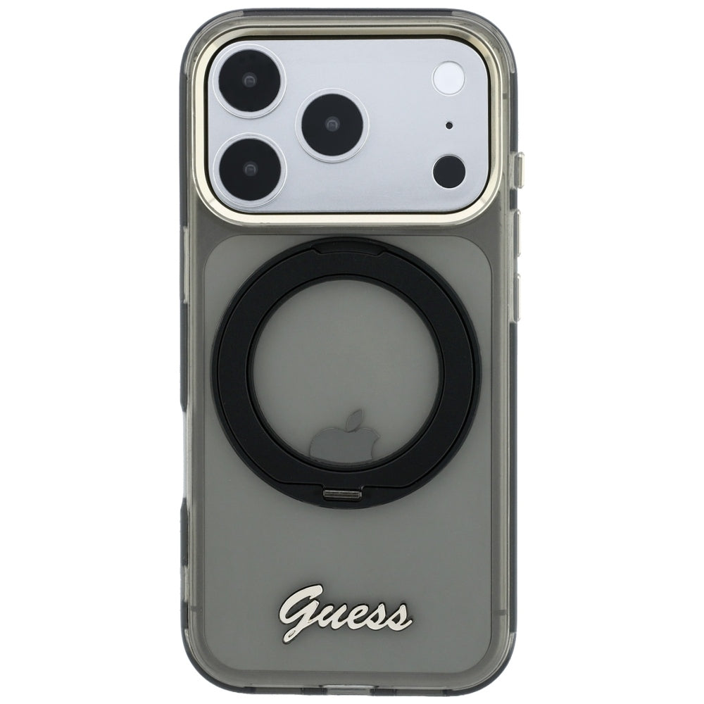 MagSafe puzdro pre Apple iPhone 18 Pro Max / 17 Pro Max, Guess, Ring Stand Script Metal Logo, Čierne