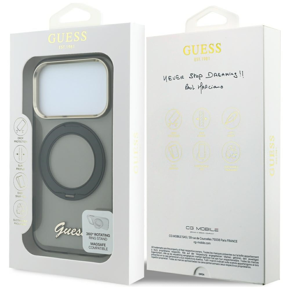 MagSafe puzdro pre Apple iPhone 18 Pro Max / 17 Pro Max, Guess, Ring Stand Script Metal Logo, Čierne