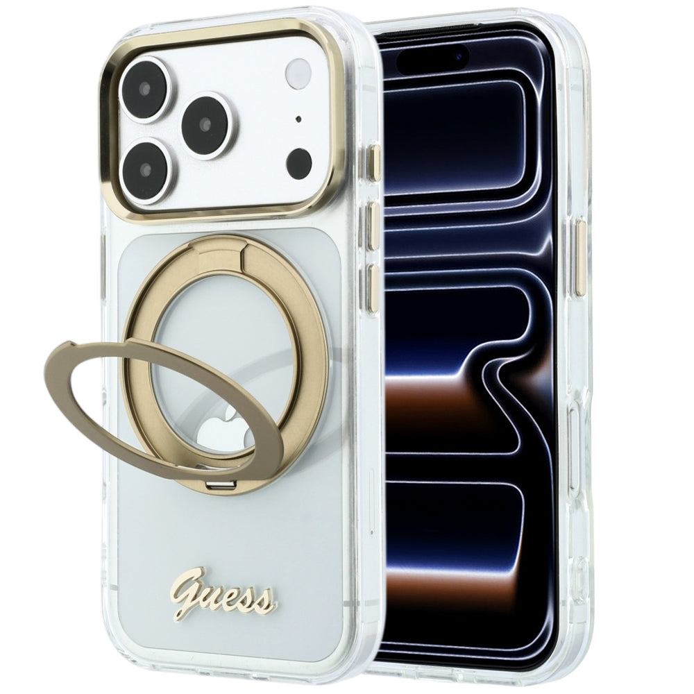 MagSafe puzdro pre Apple iPhone 18 Pro Max / 17 Pro Max, Guess, Ring Stand Script Metal Logo, Priehľadné