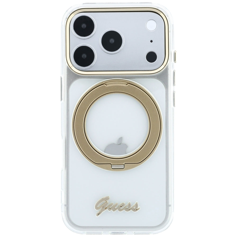 MagSafe puzdro pre Apple iPhone 18 Pro Max / 17 Pro Max, Guess, Ring Stand Script Metal Logo, Priehľadné