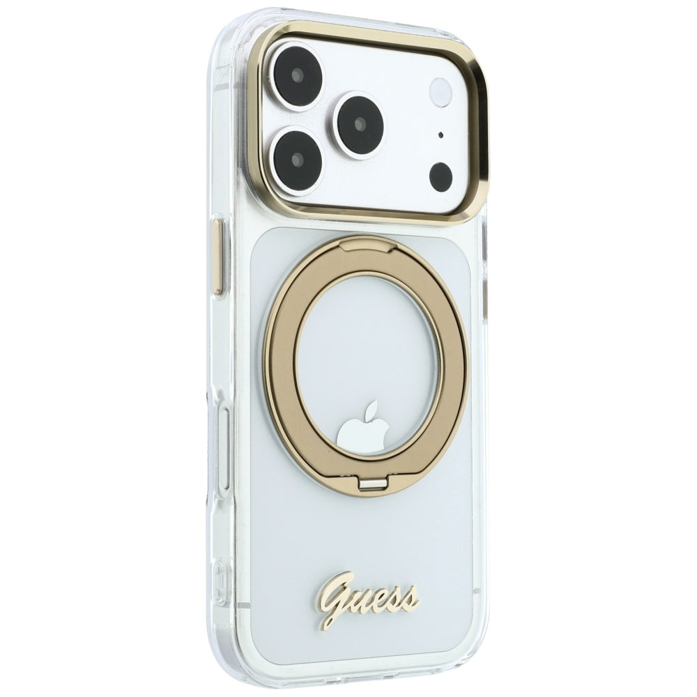 MagSafe puzdro pre Apple iPhone 18 Pro Max / 17 Pro Max, Guess, Ring Stand Script Metal Logo, Priehľadné