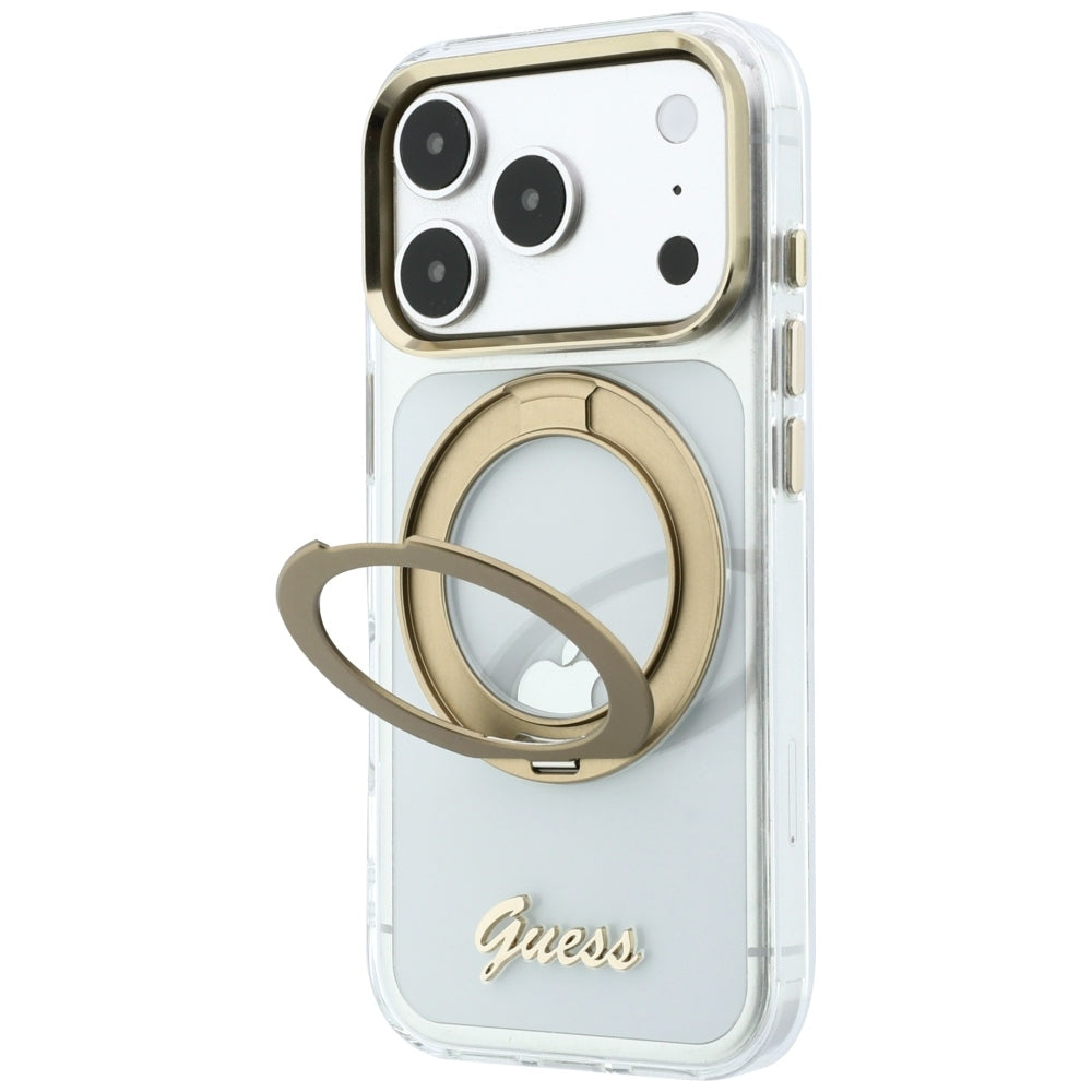MagSafe puzdro pre Apple iPhone 18 Pro Max / 17 Pro Max, Guess, Ring Stand Script Metal Logo, Priehľadné