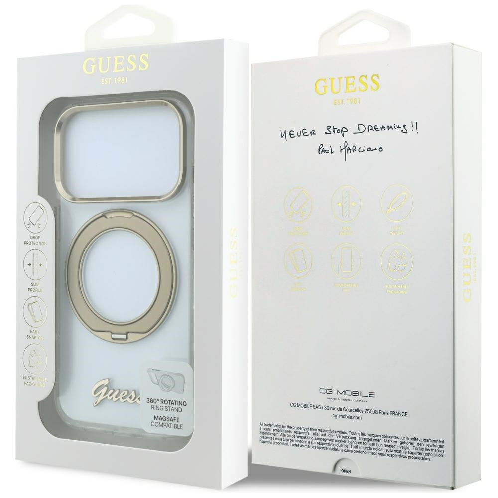 MagSafe puzdro pre Apple iPhone 18 Pro Max / 17 Pro Max, Guess, Ring Stand Script Metal Logo, Priehľadné