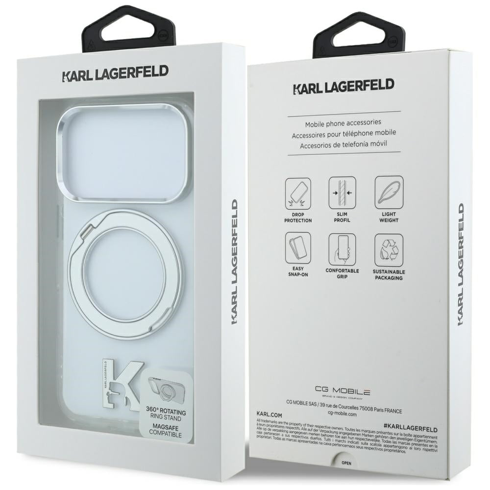 MagSafe puzdro pre Apple iPhone 18 Pro Max / 17 Pro Max, Karl Lagerfeld, IML Ring Stand Kameo Metal, Priehľadné
